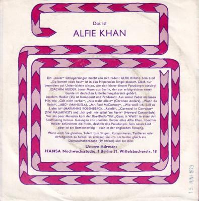 Alfie Khan - She's Coming Back (7" Vinyl-Single Rueckseite)