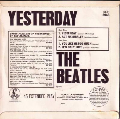The Beatles - Yesterday EP: 4 Tracks (7" back cover)