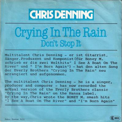 Chris Denning - Crying In The Rain (7" back cover)