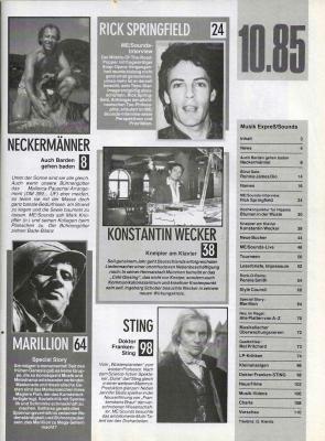 Musik-Express Sounds - 10-1985 Inhalt