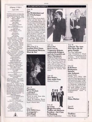 Preview: Sounds April 1981 Inhalt