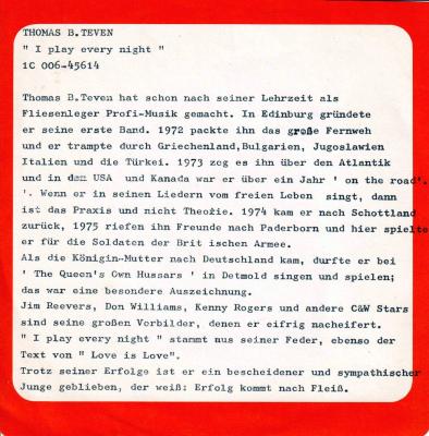 Thomas B. Teven - I Play Every Night (7"  PR)