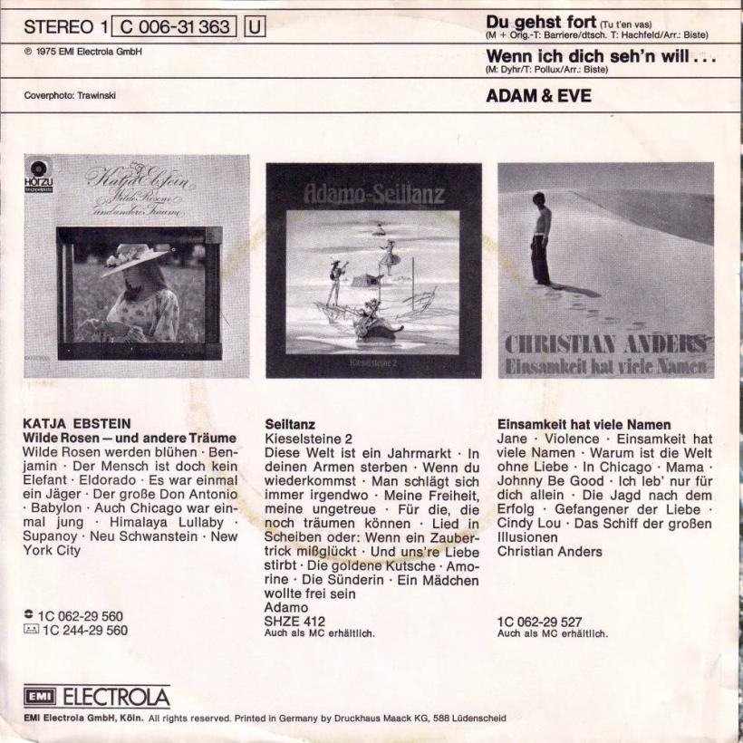 Adam & Eve - Du gehst fort (7" EMI Vinyl-Single back cover)