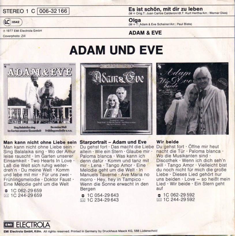 Adam & Eve - Es ist schön mit Dir zu leben (7" Single Rueckseite)