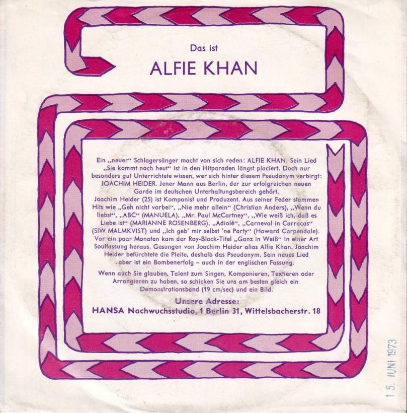 Alfie Khan - She's Coming Back (7" Vinyl-Single Rueckseite)