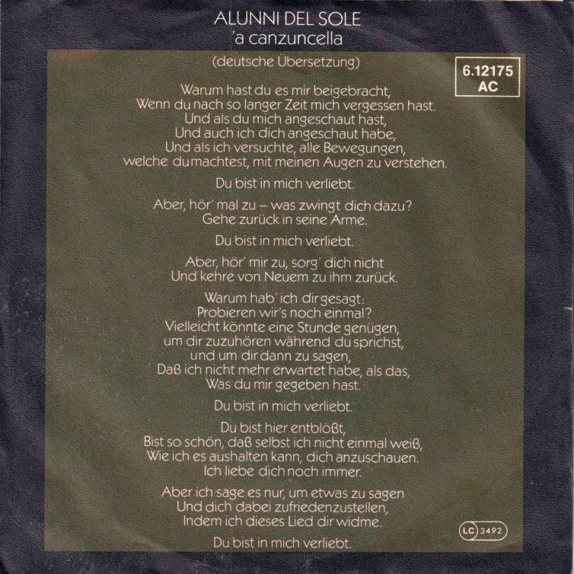 Alunni Del Sole - A Canzuncella (7" Rueckseite)