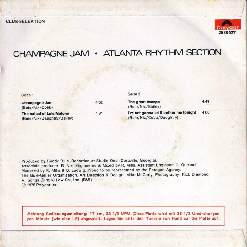 Atlanta Rhythm Section - Champagne Jam (7" Single back cover)