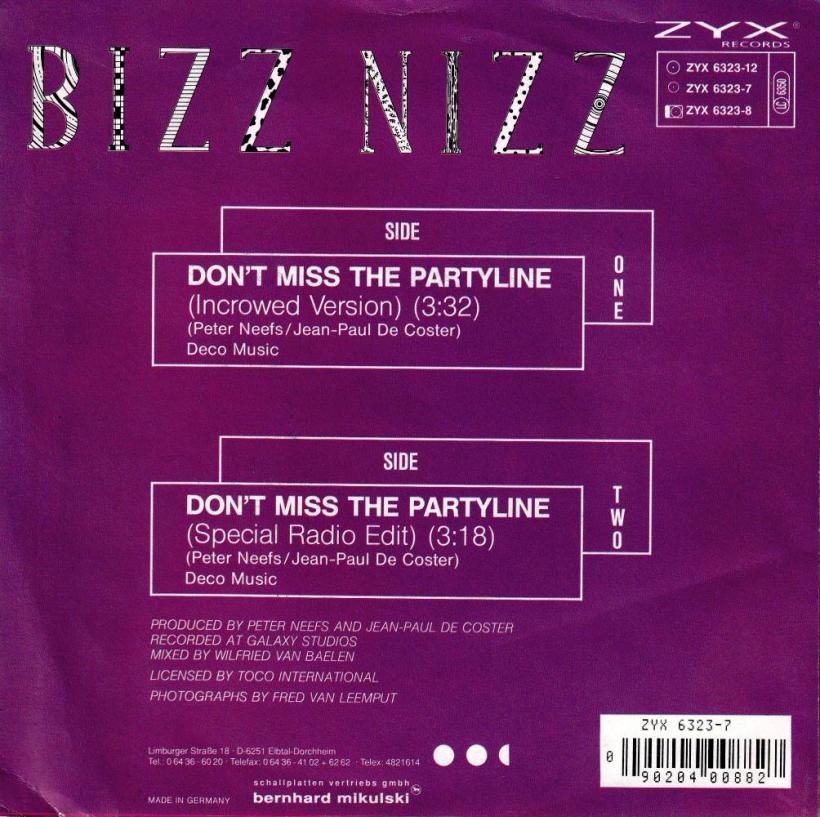 Bizz Nizz - Dont Miss The Party Line: 2 Versions (7" back cover)
