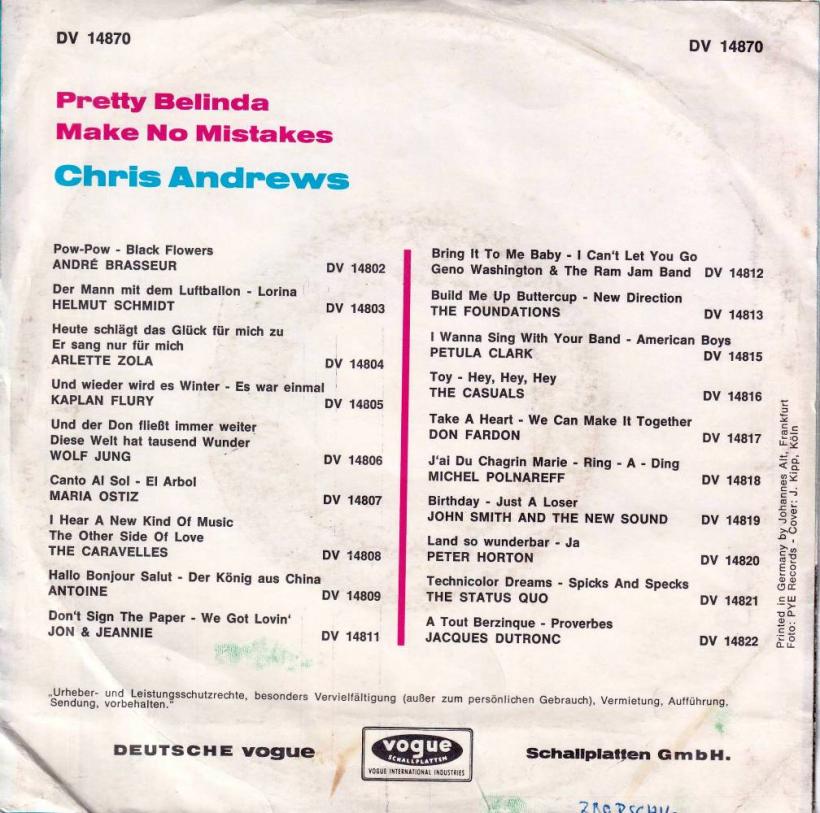 Chris Andrews - Pretty Belinda (7" Pye Vinyl-Single Rueckseite)