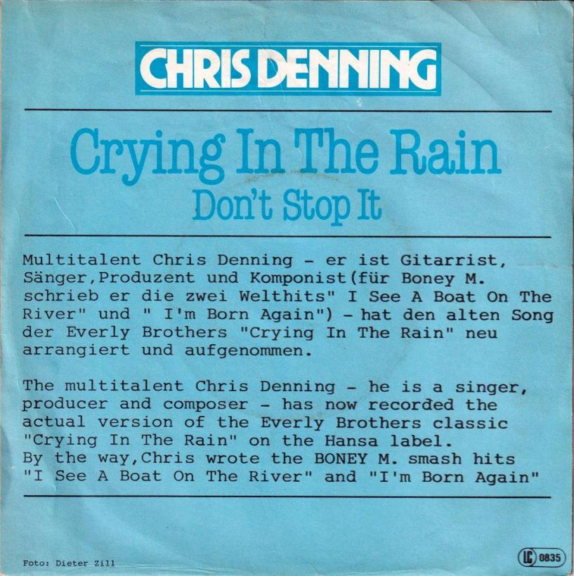 Chris Denning - Crying In The Rain (7" back cover)