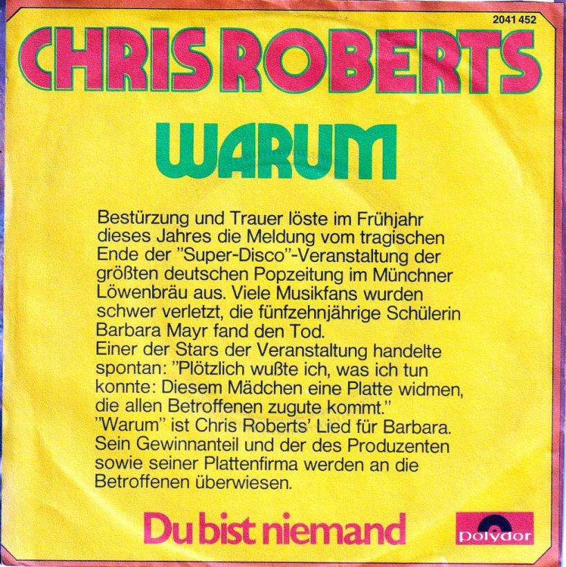 Chris Roberts - Warum (7" Polydor Single Germany back cover)