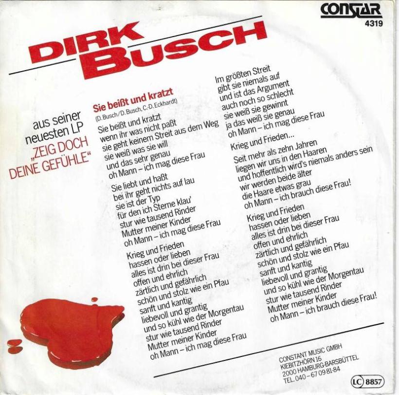 Dirk Busch - Sie beißt und kratzt (7" Single back cover)