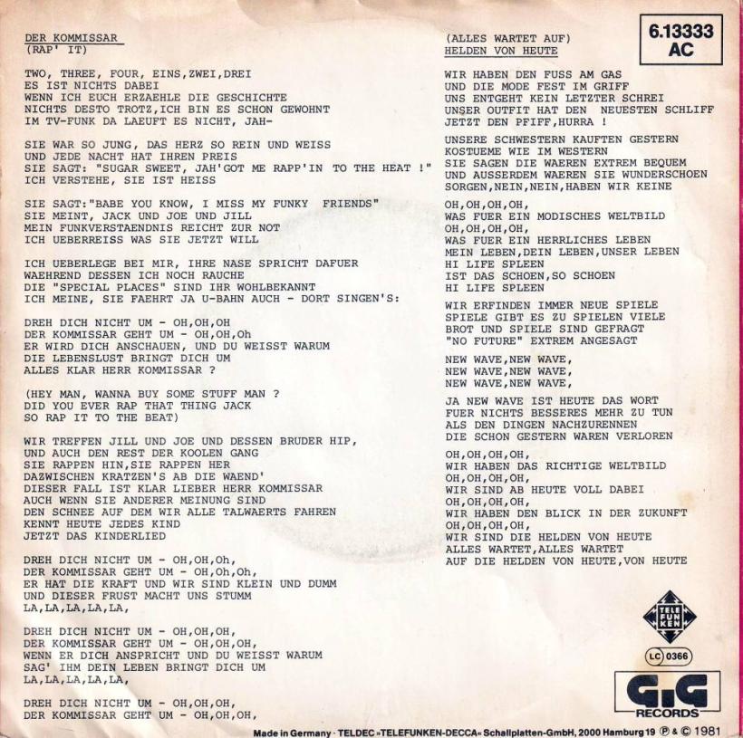 Falco - Der Kommissar (7" Telefunken Single back cover)
