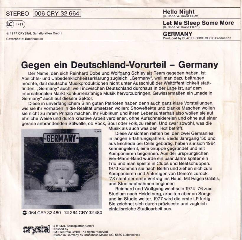 Germany - Hello Night (7" Crystal Vinyl-Single back cover)