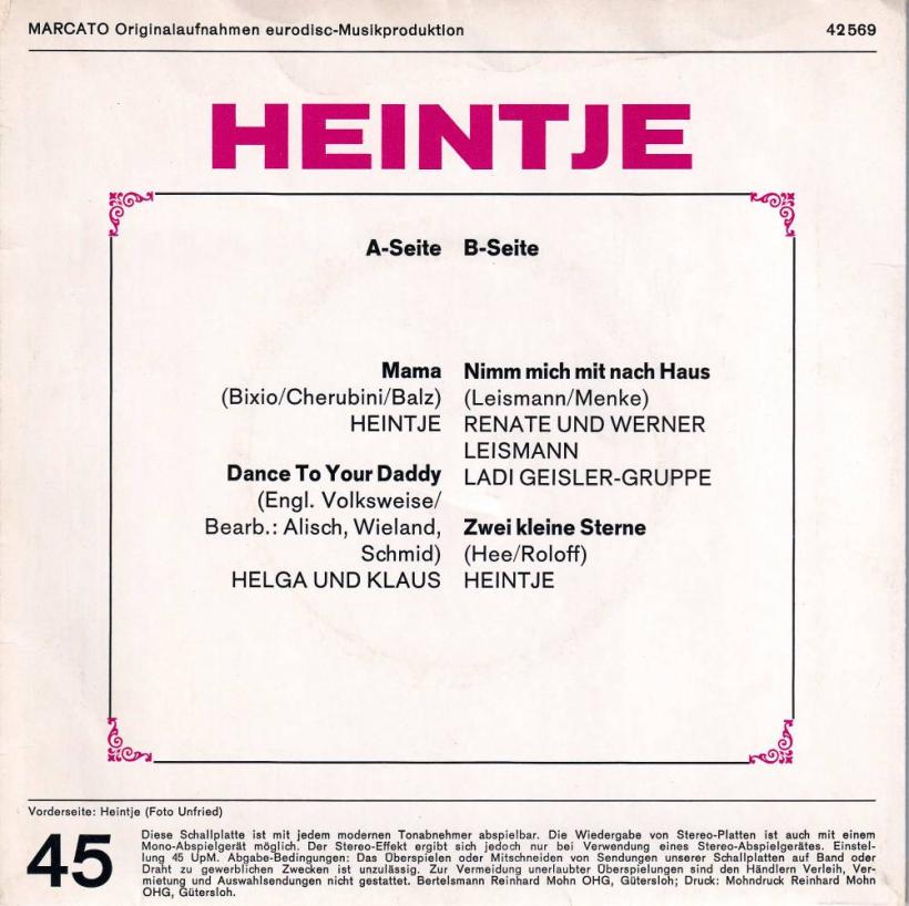 Heintje & Co - Mama & 2 kleine Sterne (7" Single back cover)