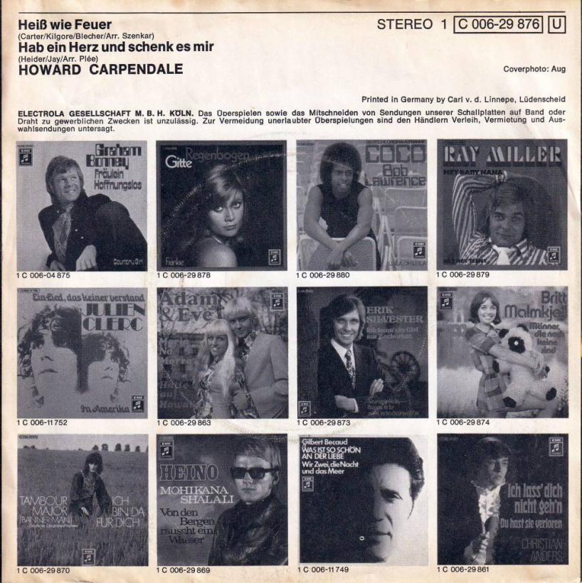 Howard Carpendale - Heiss wie Feuer (7" Single back cover)