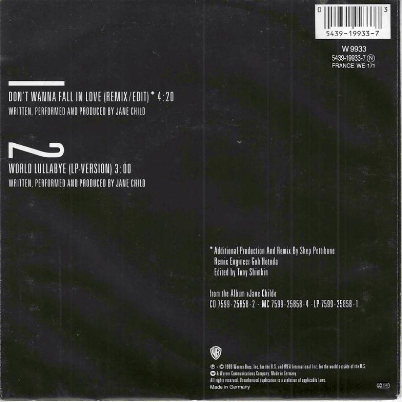 Jane Child - Don't Wanna Fall In Love (7" Single back cover)