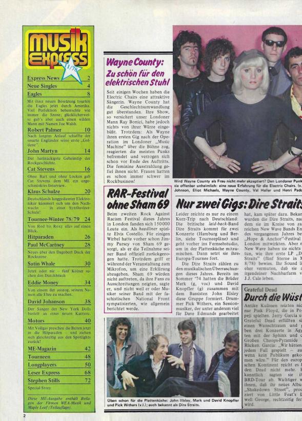 Musik Express 11 1978 Inhalt