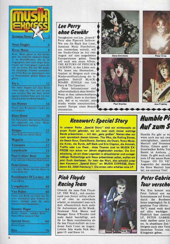 Musik-Express - Juni 1980 Inhalt