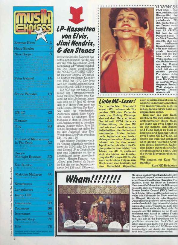 Musik-Express Oktober 1980 Inhalt