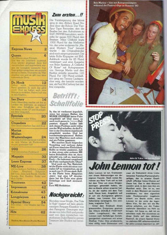 Musik-Express - Januar 1981 Inhalt