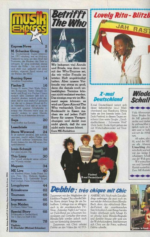 Musik-Express im April 1981 Inhalt