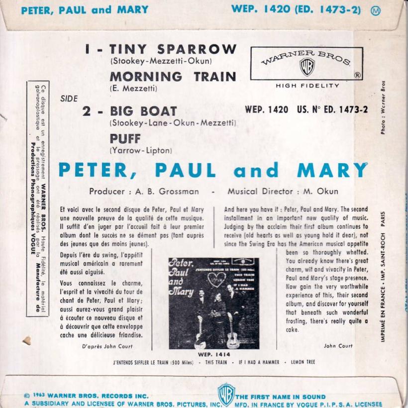 Peter, Paul & Mary - Tiny Sparrow (7" back cover France)