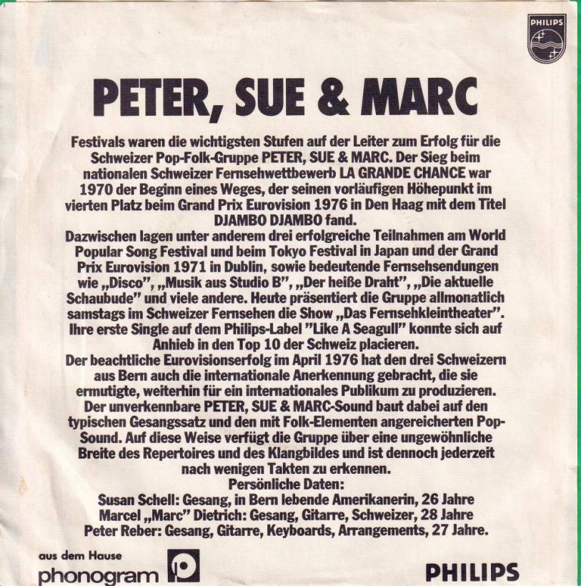 Peter, Sue & Marc - Like A Seagull (7" Single back cover)
