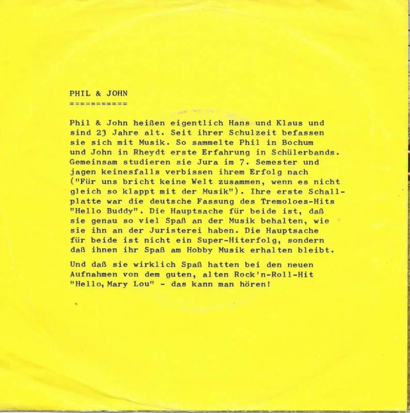 Phil & John - Hello Mary-Lou (7" Hansa Single Rueckseite)