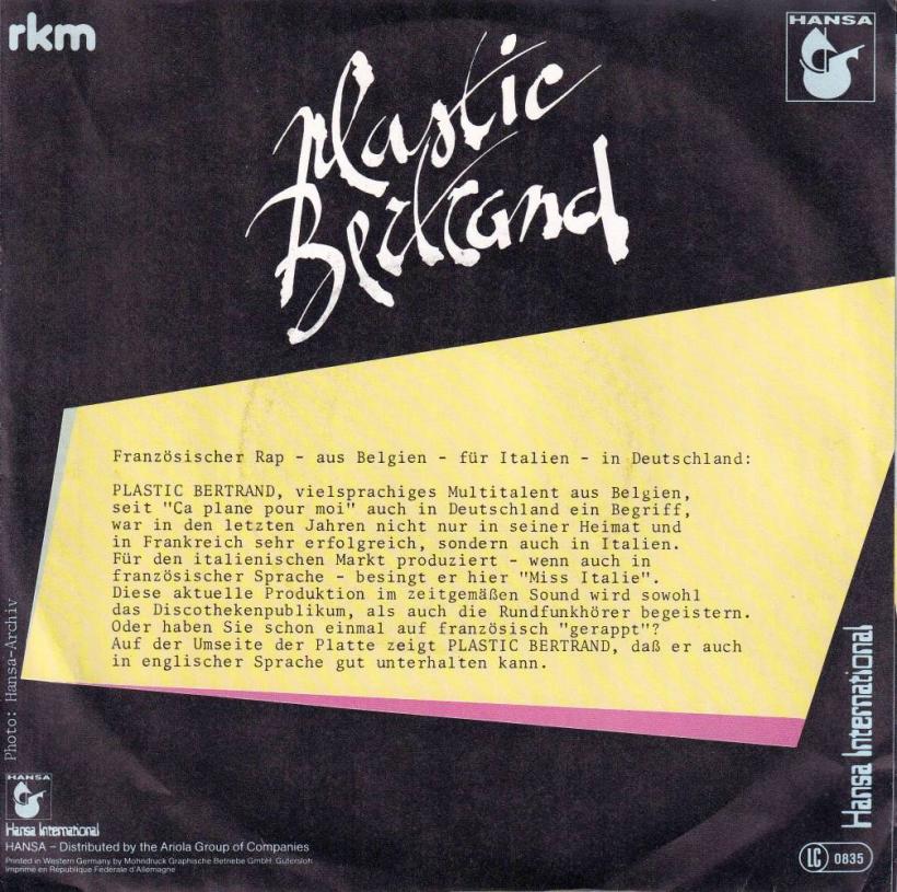 Plastic Bertrand - Miss Italie (7" Rueckseite)