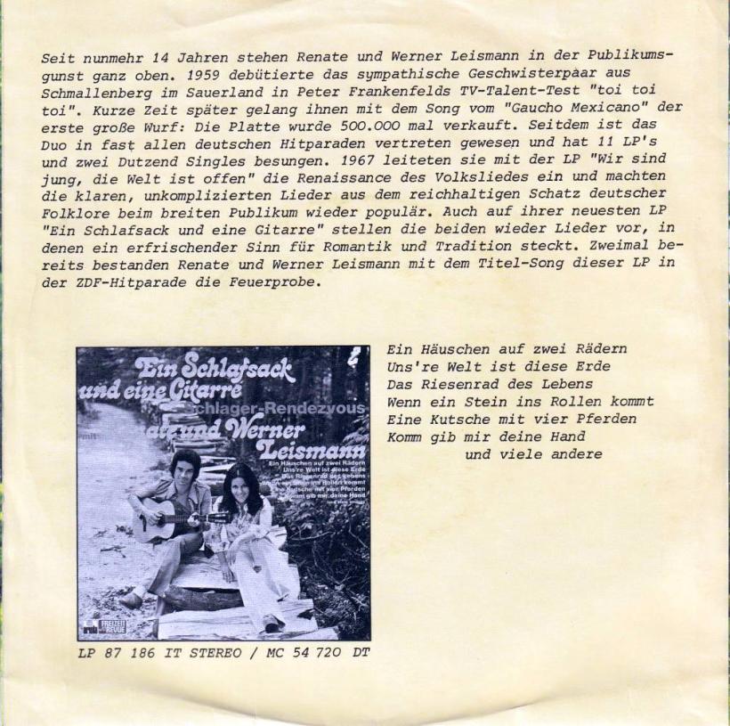 Renate & Werner Leismann - Ein Häuschen auf zwei Rädern (7" back cover)