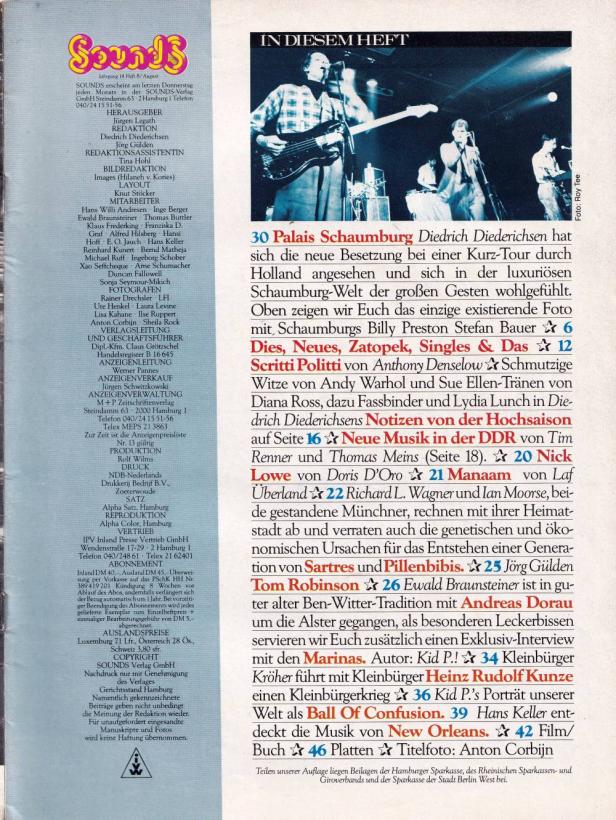 Sounds August 1982 Inhalt