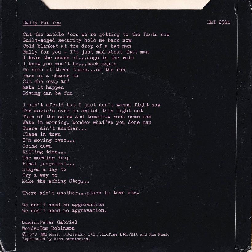 Tom Robinson Band - Bully For You (7" Rueckseite UK)