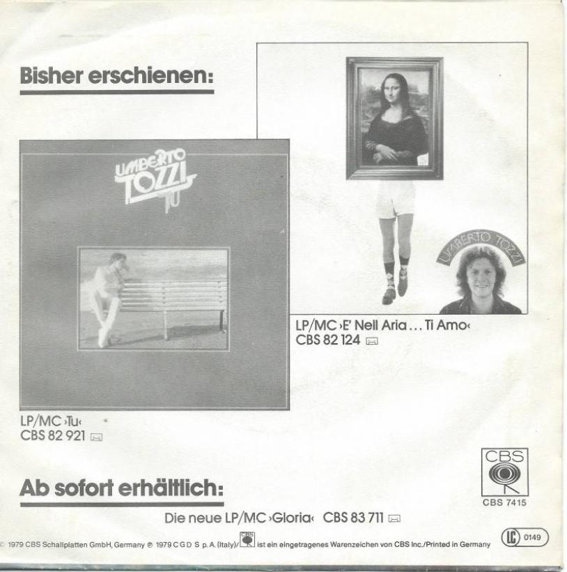 Umberto Tozzi - Gloria (7" Single Germany Rueckseite)